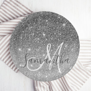 Modern Grey Glitter Sparkles Personalised Name Paper Plate