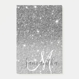 Modern Grey Glitter Sparkles Personalised Name Post-it Notes