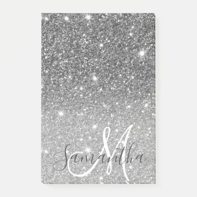 Modern Grey Glitter Sparkles Personalised Name Post-it Notes (Front)