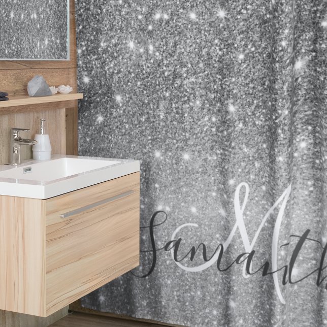 Modern Grey Glitter Sparkles Personalised Name Shower Curtain (Creator Uploaded)