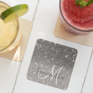 Modern Grey Glitter Sparkles Personalised Name Square Paper Coaster