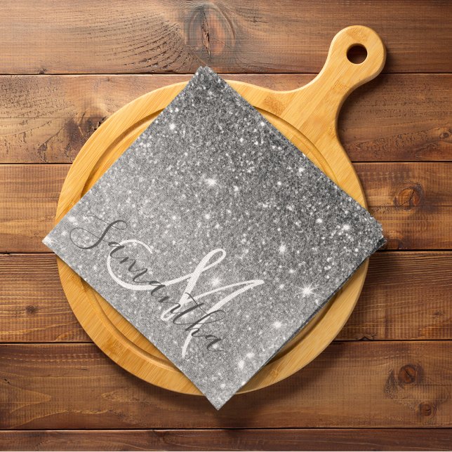Modern Grey Glitter Sparkles Personalised Name Tea Towel (Creator Uploaded)