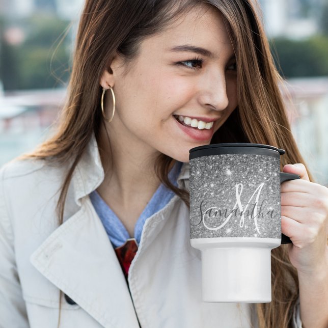 Modern Grey Glitter Sparkles Personalised Name Travel Mug (Creator Uploaded)