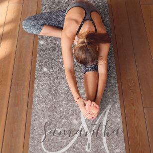 Modern Grey Glitter Sparkles Personalised Name Yoga Mat