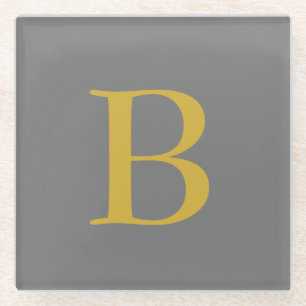 Modern Grey Gold Colour Monogram Add Name Initials Glass Coaster