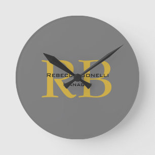 Modern Grey Gold Colour Monogram Add Name Initials Round Clock