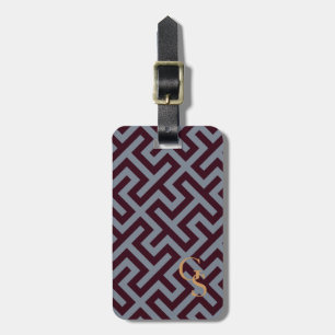 Modern grey greek key geometric patterns monogram luggage tag