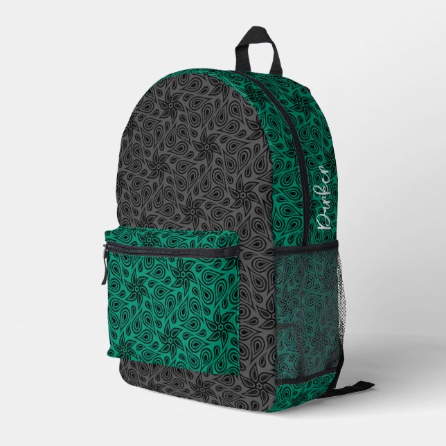 Modern Grey Green Floral Paisley Pattern Add Name Printed Backpack (Back Corner Right)