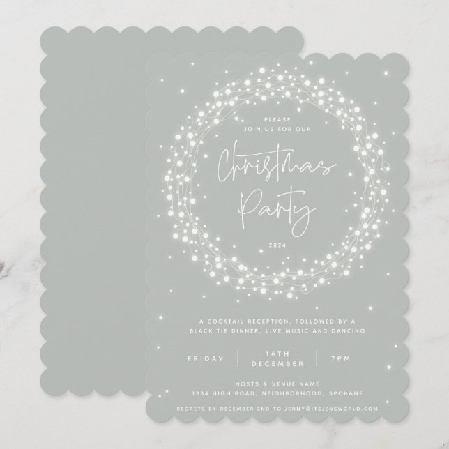 Modern Grey-Green Sparkling Lights Christmas Party Invitation (Front/Back)