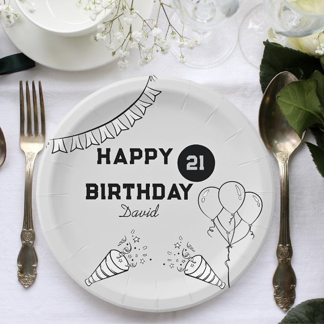 Modern Grey Happy Birthday Any year Custom  Paper Plate (Creator Uploaded)