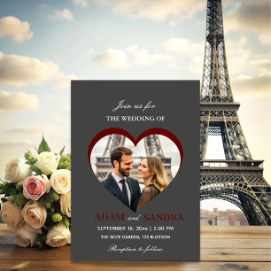 Modern Grey Heart Photo Elegant Script Wedding Invitation
