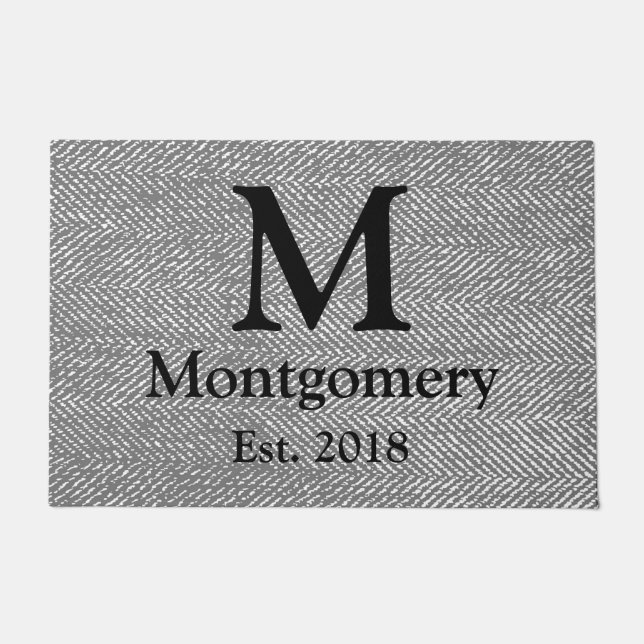 Modern Grey Herringbone & Black Family Monogram Doormat (Front)