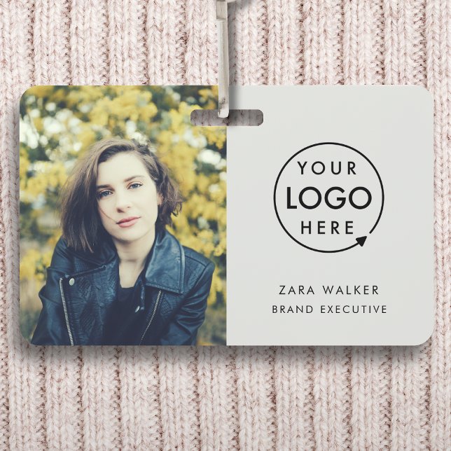 Modern Grey ID Card | Logo Photo Business Staff Badge (Company branded staff photo ID badges for business events & employee identity.)