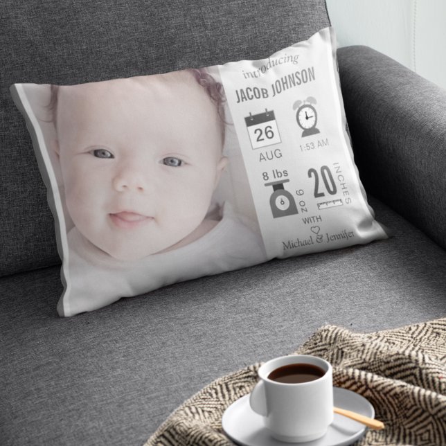 Modern Grey Infographic Baby Photo Birth Stats Decorative Cushion (Creator Uploaded)