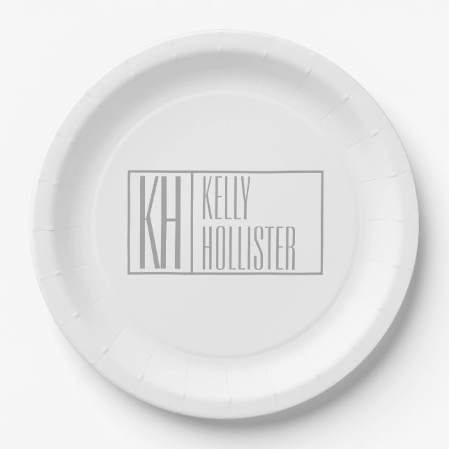 Modern Grey Initials & Name Logo Paper Plate (Front)