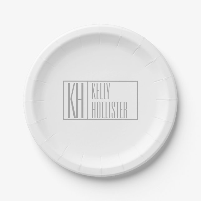 Modern Grey Initials & Name Logo Paper Plate (Front)