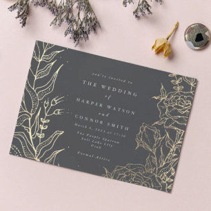 Modern Grey Iron Ore Gold Elegant Pampas Wedding Invitation
