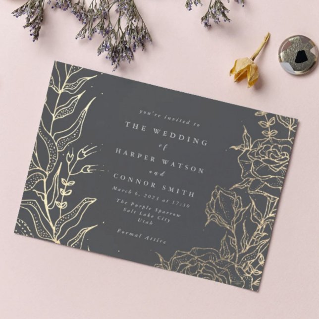  Modern Grey Iron Ore Gold Elegant Pampas Wedding Invitation (Creator Uploaded)