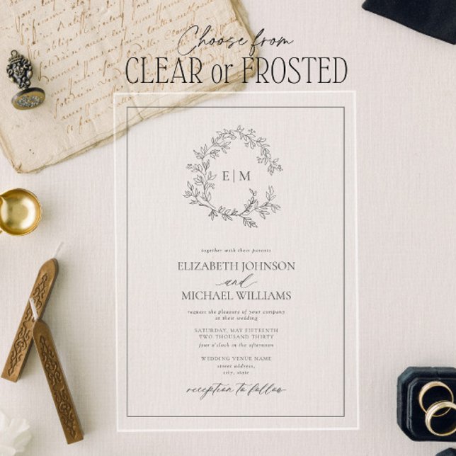 Modern Grey Leafy Crest Monogram Wedding Acrylic Invitations (Creator Uploaded)