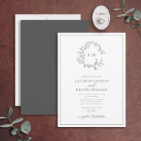 Modern Grey Leafy Crest Monogram Wedding