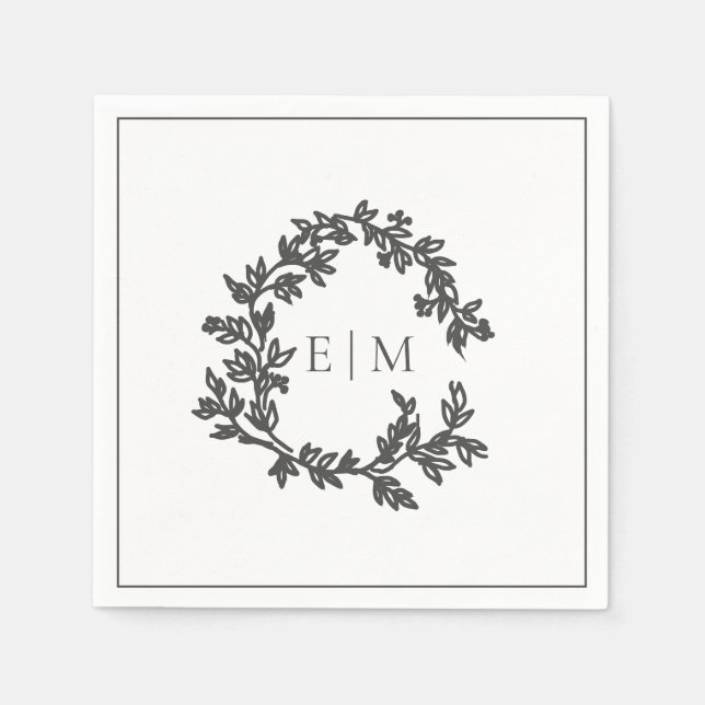 Modern Grey Leafy Crest Monogram Wedding Napkin (Front)