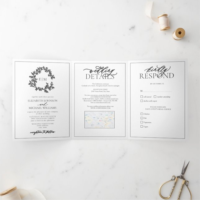 Modern Grey Leafy Crest Monogram Wedding Tri-Fold Invitation (Inside)