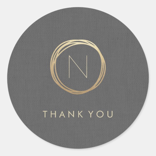 Modern Grey Linen Elegant Gold Monogram Thank You Classic Round Sticker (Front)