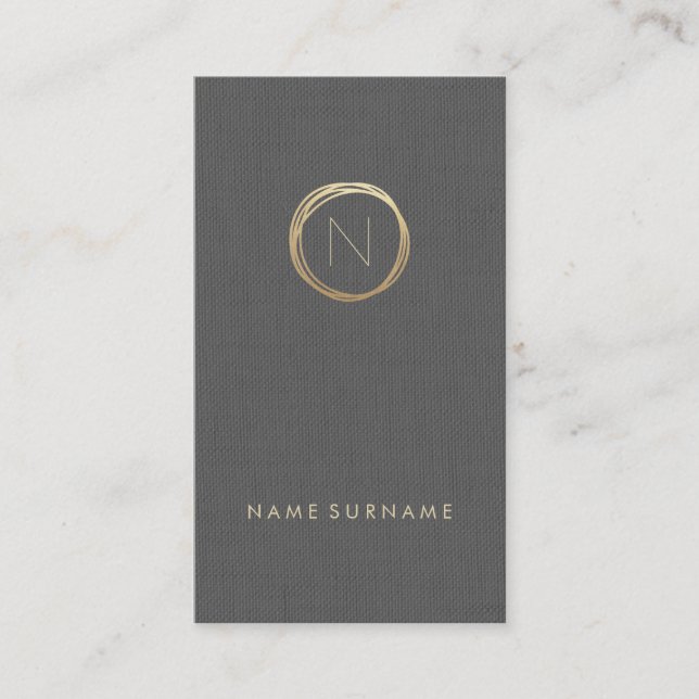Modern Grey Linen Elegant Gold Monogram Vertical Business Card (Front)