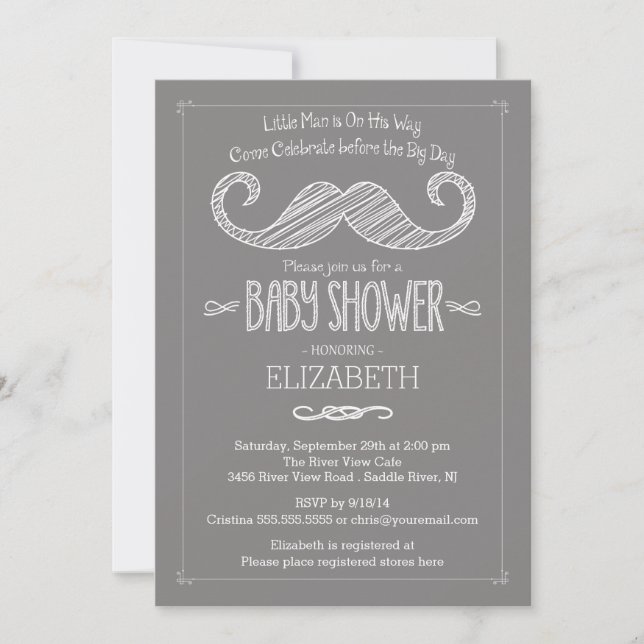 Modern Grey Little Man Moustache Baby Shower Invitation (Front)