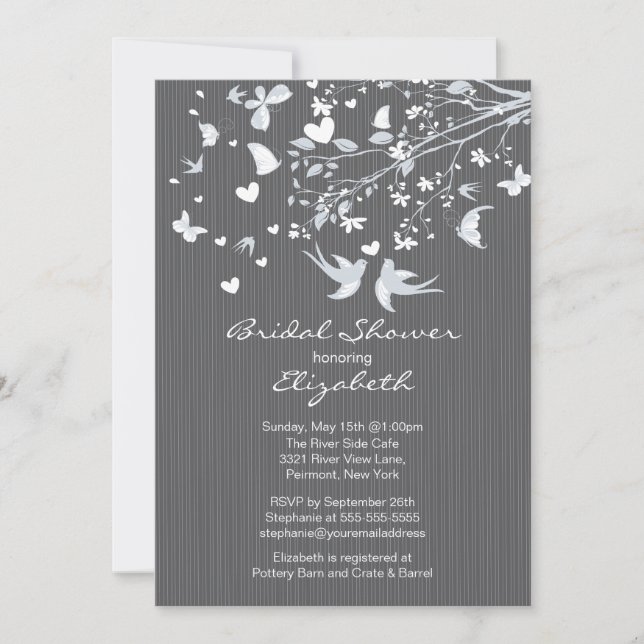 Modern Grey Love Birds Bridal Shower Invitation (Front)