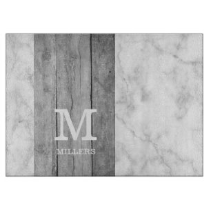 Modern Grey Marble And Wood Family Name Monogram Cutting Board