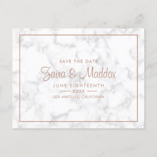 Modern Grey Marble with Rose Gold Save the Date Announcement Postcard