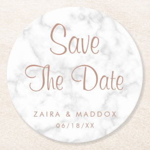 Modern Grey Marble with Rose Gold Save the Date Round Paper Coaster