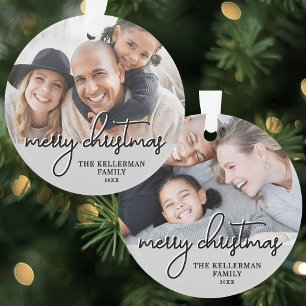 Modern Grey Merry Christmas Script Family Photo Ornament