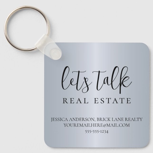 Modern Grey Metallic Foil Real Estate Marketing Key Ring (Front)