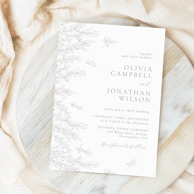 Modern Grey Minimal Leaves Botanical Wedding Invitation (Creator Uploaded)