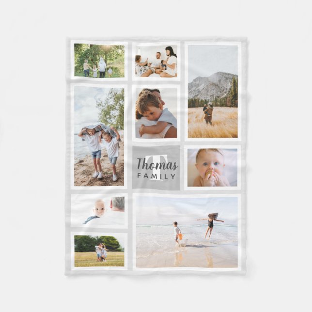 Modern Grey Monochrome Family Photo Collage Fleece Blanket (Front)