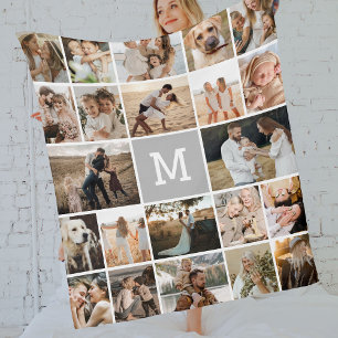 Modern Grey Monogram 22 Photo Collage Fleece Blanket