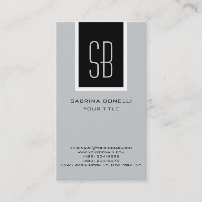 Modern Grey Monogram Black Stripe Business Card (Front)