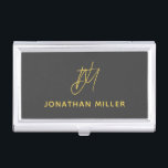 Modern Grey Monogram Business Card Holder<br><div class="desc">Keep your business cards organised and stylish with this modern dark grey business card case. The design features a monogram in mustard yellow, adding a personal touch to your professional look. This case is perfect for carrying in your bag or briefcase, and makes a great gift for colleagues and clients....</div>