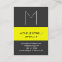 Modern grey monogram yellow striped business card