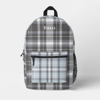 Modern grey neutral plaid with name printed backpack