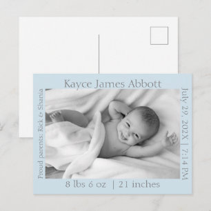 Modern Grey on Blue Baby Announcement Postcard
