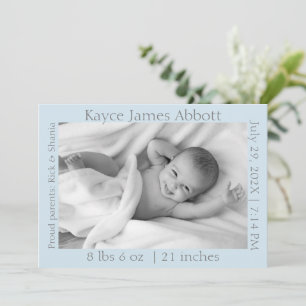 Modern Grey on Blue Photo Birth Announcement