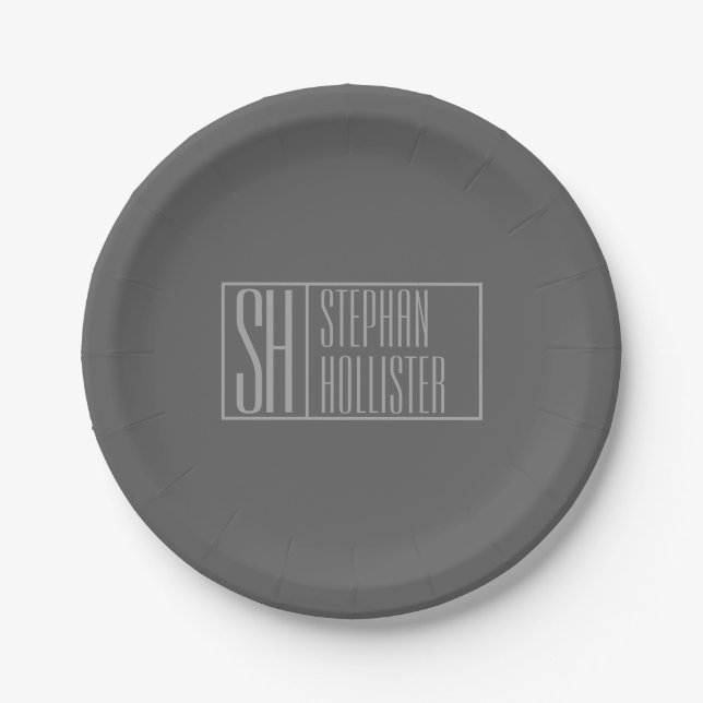 Modern, Grey on Dark Grey, Initials & Name Logo Paper Plate (Front)
