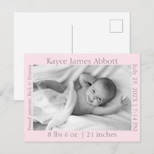 Modern Grey on Pastel Pink Baby Announcement Postcard