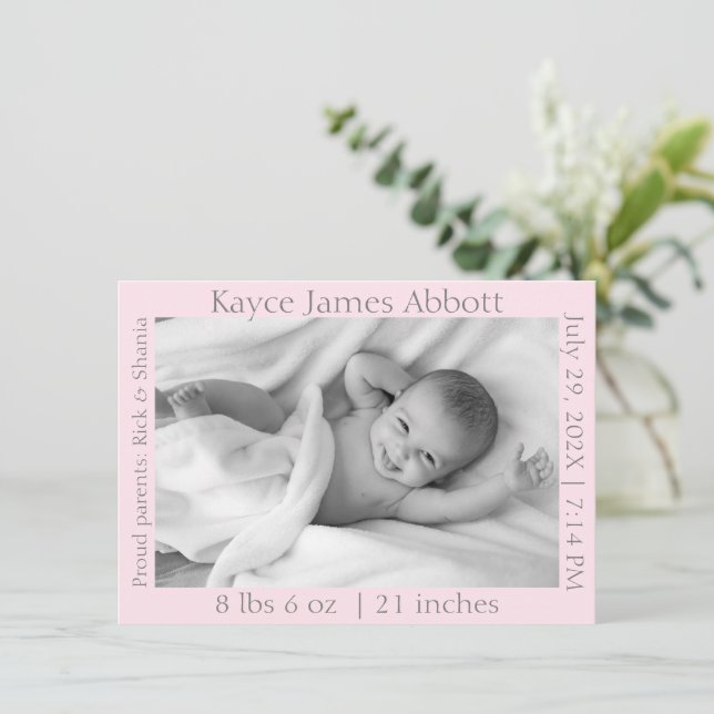 Modern Grey on Pastel Pink Birth Announcement (Standing Front)