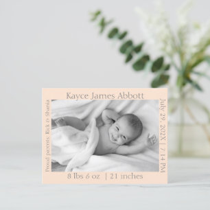 Modern Grey on Pastel Salmon Birth Announcement Postcard