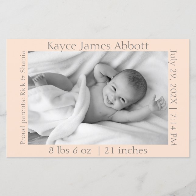 Modern Grey on Pastel Salmon Birth Scrapbook Paper (Front)