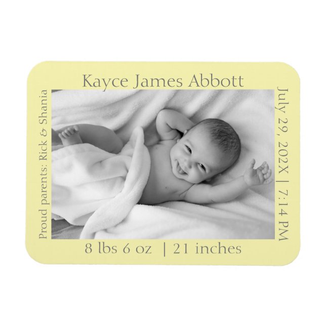 Modern Grey on Pastel Yellow Baby Announcement  Magnet (Horizontal)